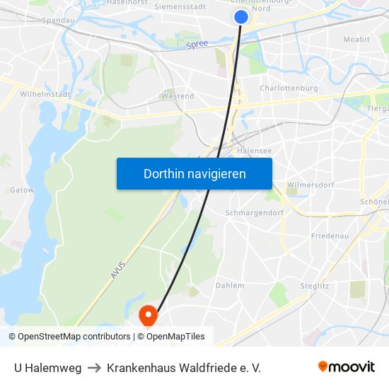 U Halemweg to Krankenhaus Waldfriede e. V. map