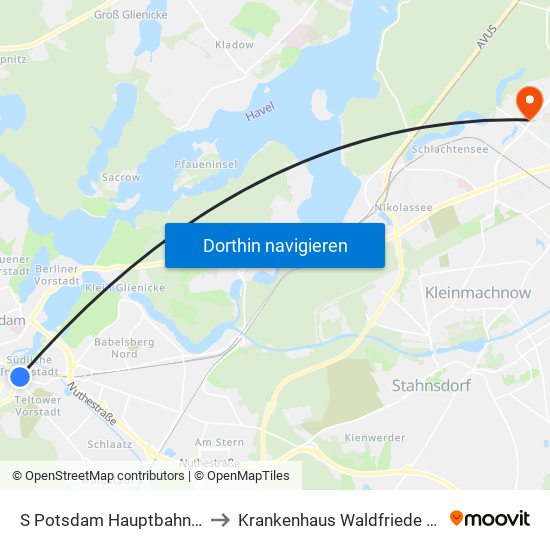 S Potsdam Hauptbahnhof to Krankenhaus Waldfriede e. V. map