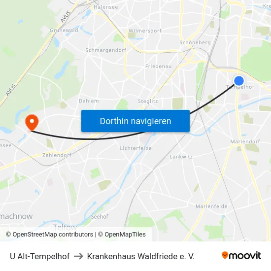 U Alt-Tempelhof to Krankenhaus Waldfriede e. V. map