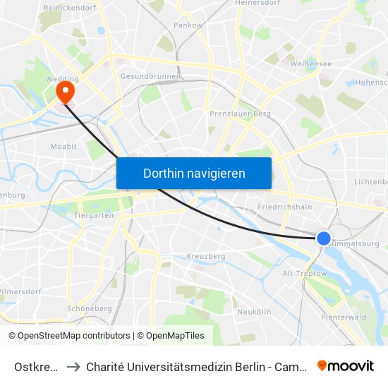 Ostkreuz Bhf to Charité Universitätsmedizin Berlin - Campus Virchow Klinikum map