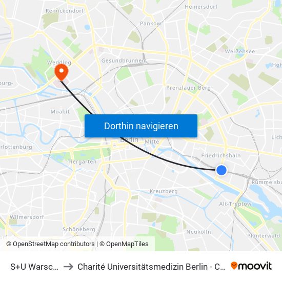S+U Warschauer Str. to Charité Universitätsmedizin Berlin - Campus Virchow Klinikum map