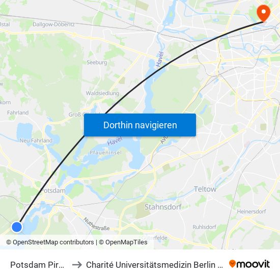 Potsdam Pirschheide Bhf to Charité Universitätsmedizin Berlin - Campus Virchow Klinikum map