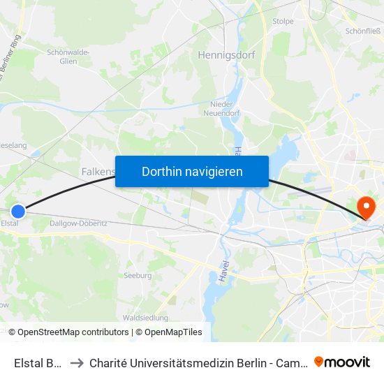 Elstal Bahnhof to Charité Universitätsmedizin Berlin - Campus Virchow Klinikum map