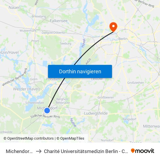 Michendorf Bahnhof to Charité Universitätsmedizin Berlin - Campus Virchow Klinikum map