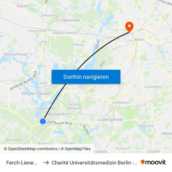 Ferch-Lienewitz Bahnhof to Charité Universitätsmedizin Berlin - Campus Virchow Klinikum map