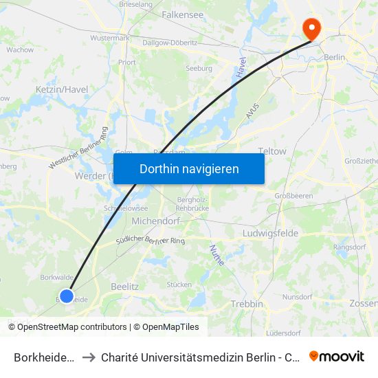 Borkheide Bahnhof to Charité Universitätsmedizin Berlin - Campus Virchow Klinikum map