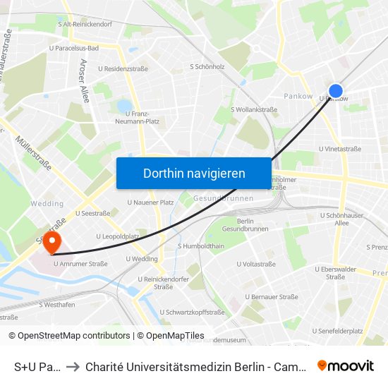 S+U Pankow to Charité Universitätsmedizin Berlin - Campus Virchow Klinikum map