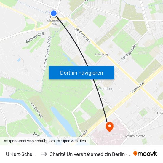 U Kurt-Schumacher-Platz to Charité Universitätsmedizin Berlin - Campus Virchow Klinikum map