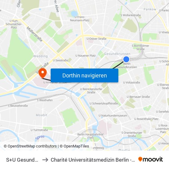 S+U Gesundbrunnen Bhf to Charité Universitätsmedizin Berlin - Campus Virchow Klinikum map