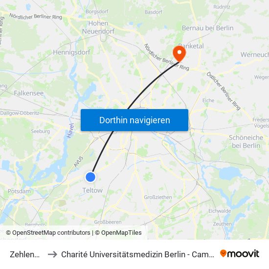 Zehlendorf to Charité Universitätsmedizin Berlin -  Campus Buch map