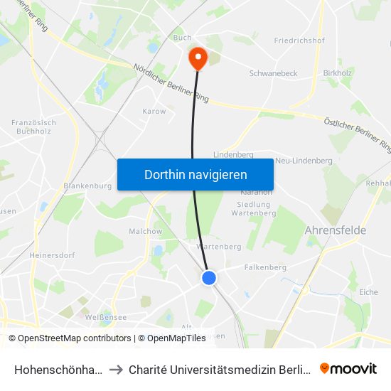 Hohenschönhausen Bhf to Charité Universitätsmedizin Berlin -  Campus Buch map