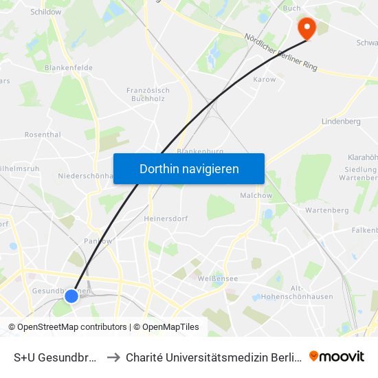 S+U Gesundbrunnen Bhf to Charité Universitätsmedizin Berlin -  Campus Buch map