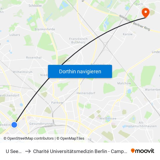 U Seestr. to Charité Universitätsmedizin Berlin -  Campus Buch map