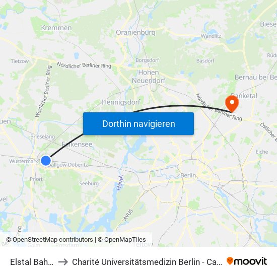 Elstal Bahnhof to Charité Universitätsmedizin Berlin -  Campus Buch map