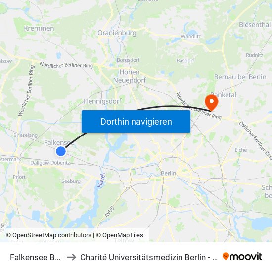 Falkensee Bahnhof to Charité Universitätsmedizin Berlin -  Campus Buch map