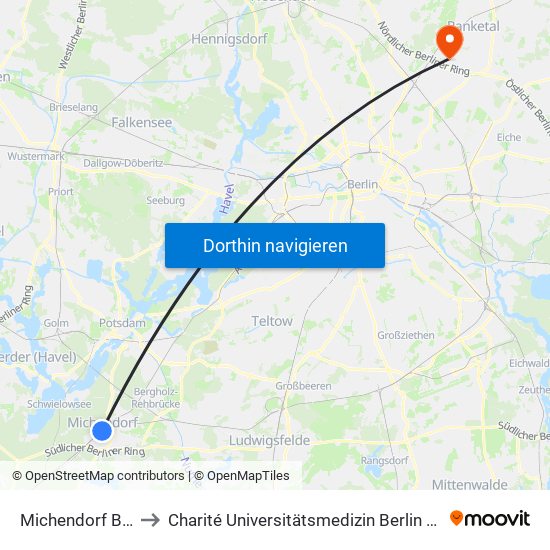 Michendorf Bahnhof to Charité Universitätsmedizin Berlin -  Campus Buch map