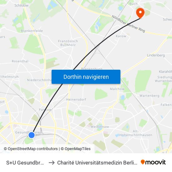 S+U Gesundbrunnen Bhf to Charité Universitätsmedizin Berlin -  Campus Buch map