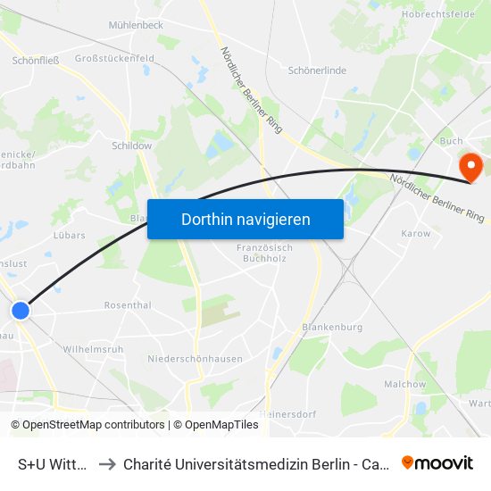 S+U Wittenau to Charité Universitätsmedizin Berlin -  Campus Buch map