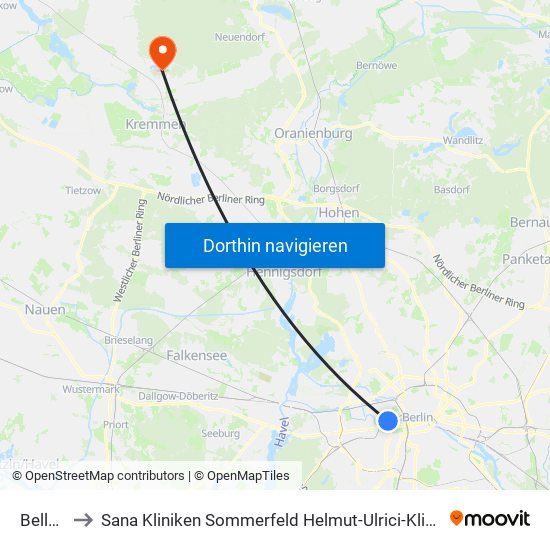 Bellevue to Sana Kliniken Sommerfeld Helmut-Ulrici-Kliniken Kremmen OT map