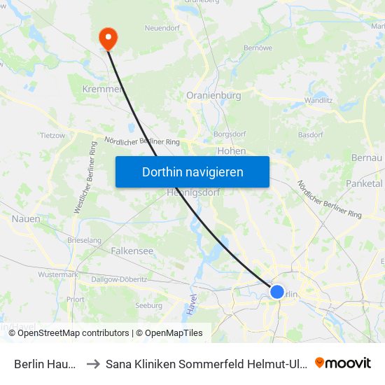 Berlin Hauptbahnhof to Sana Kliniken Sommerfeld Helmut-Ulrici-Kliniken Kremmen OT map