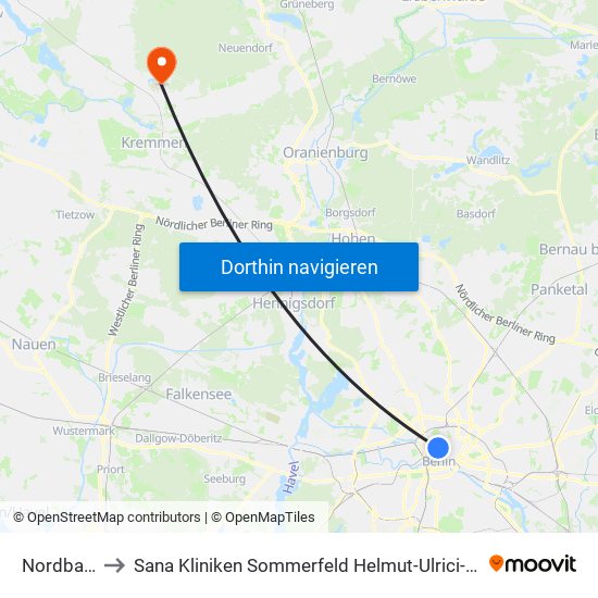 Nordbahnhof to Sana Kliniken Sommerfeld Helmut-Ulrici-Kliniken Kremmen OT map