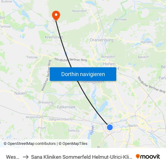 Westend to Sana Kliniken Sommerfeld Helmut-Ulrici-Kliniken Kremmen OT map