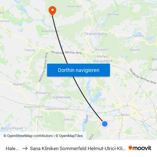 Halensee to Sana Kliniken Sommerfeld Helmut-Ulrici-Kliniken Kremmen OT map