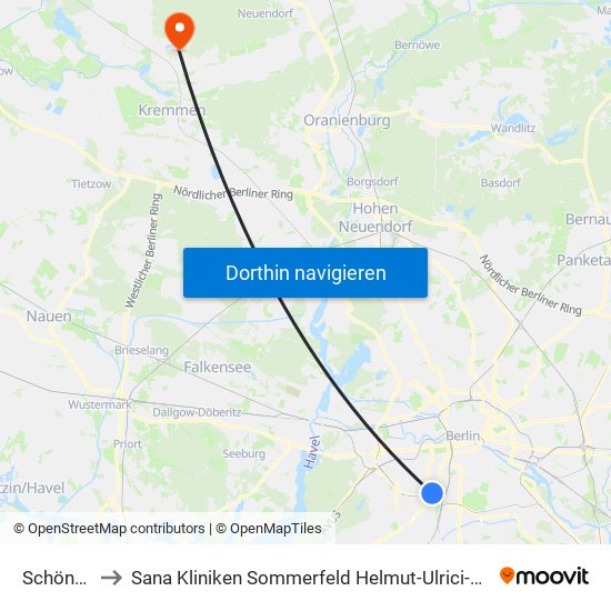 Schöneberg to Sana Kliniken Sommerfeld Helmut-Ulrici-Kliniken Kremmen OT map