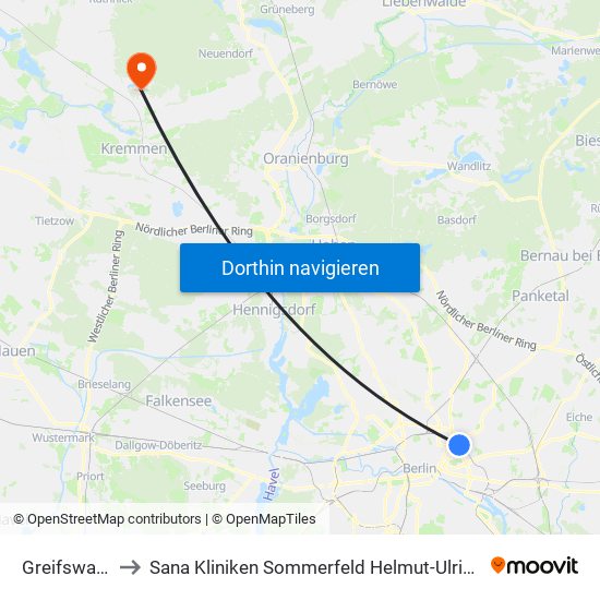 Greifswalder Str. to Sana Kliniken Sommerfeld Helmut-Ulrici-Kliniken Kremmen OT map