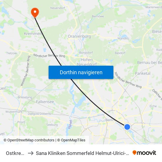 Ostkreuz Bhf to Sana Kliniken Sommerfeld Helmut-Ulrici-Kliniken Kremmen OT map