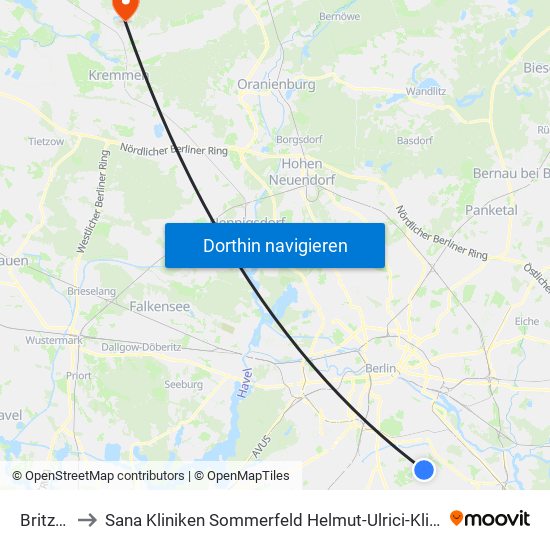 Britz-Süd to Sana Kliniken Sommerfeld Helmut-Ulrici-Kliniken Kremmen OT map
