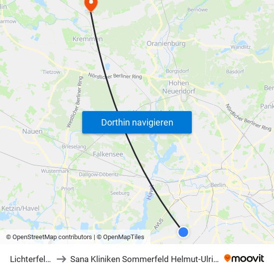 Lichterfelde West to Sana Kliniken Sommerfeld Helmut-Ulrici-Kliniken Kremmen OT map