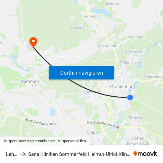 Lehnitz to Sana Kliniken Sommerfeld Helmut-Ulrici-Kliniken Kremmen OT map