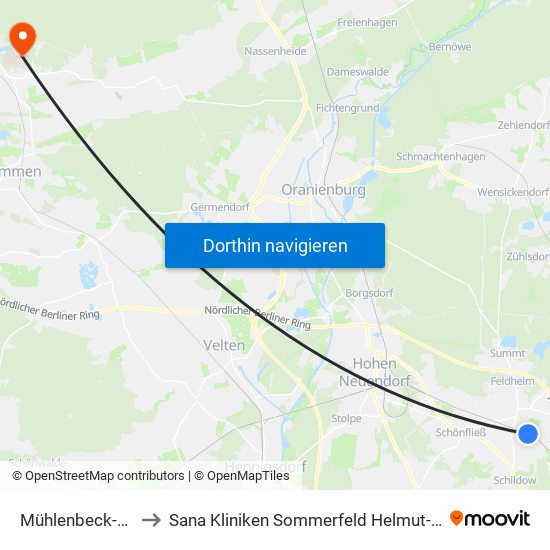 Mühlenbeck-Mönchmühle to Sana Kliniken Sommerfeld Helmut-Ulrici-Kliniken Kremmen OT map