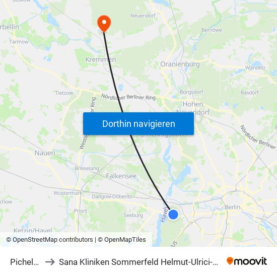 Pichelsberg to Sana Kliniken Sommerfeld Helmut-Ulrici-Kliniken Kremmen OT map