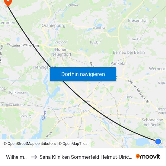 Wilhelmshagen to Sana Kliniken Sommerfeld Helmut-Ulrici-Kliniken Kremmen OT map