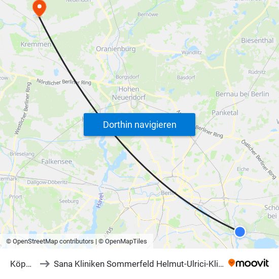 Köpenick to Sana Kliniken Sommerfeld Helmut-Ulrici-Kliniken Kremmen OT map