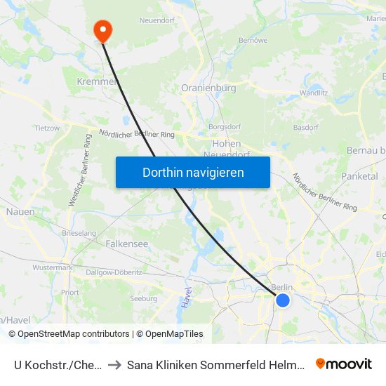 U Kochstr./Checkpoint Charlie to Sana Kliniken Sommerfeld Helmut-Ulrici-Kliniken Kremmen OT map