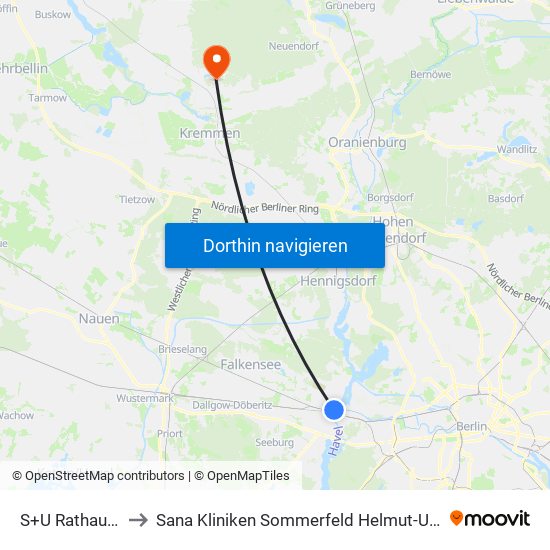 S+U Rathaus Spandau to Sana Kliniken Sommerfeld Helmut-Ulrici-Kliniken Kremmen OT map