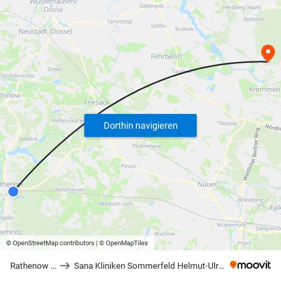 Rathenow Bahnhof to Sana Kliniken Sommerfeld Helmut-Ulrici-Kliniken Kremmen OT map