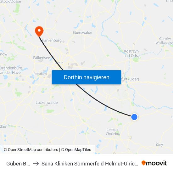 Guben Bahnhof to Sana Kliniken Sommerfeld Helmut-Ulrici-Kliniken Kremmen OT map