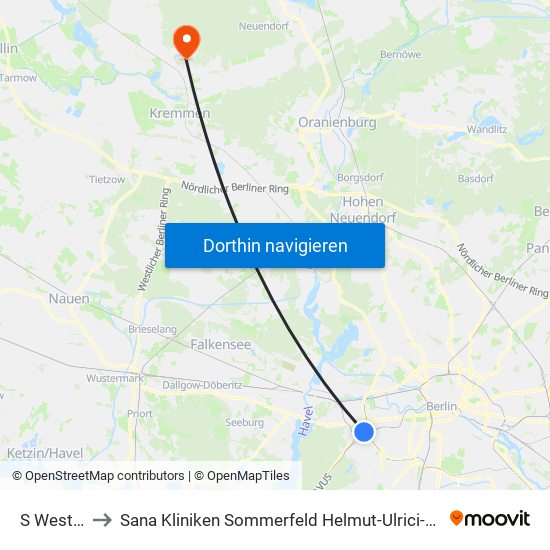 S Westkreuz to Sana Kliniken Sommerfeld Helmut-Ulrici-Kliniken Kremmen OT map