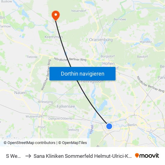 S Westend to Sana Kliniken Sommerfeld Helmut-Ulrici-Kliniken Kremmen OT map