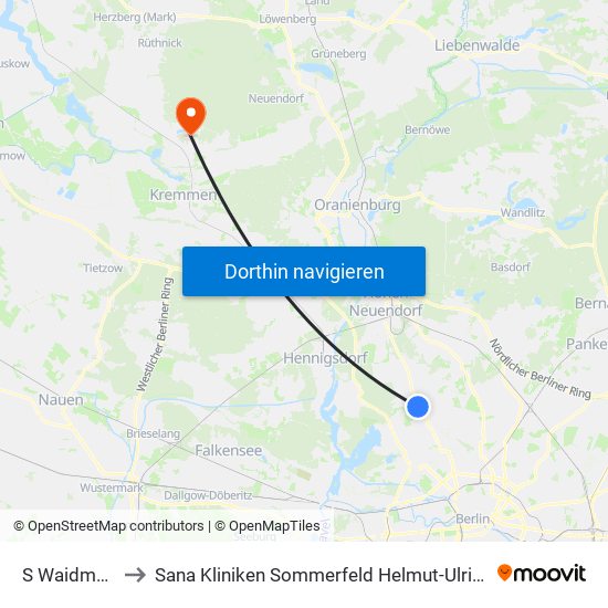 S Waidmannslust to Sana Kliniken Sommerfeld Helmut-Ulrici-Kliniken Kremmen OT map