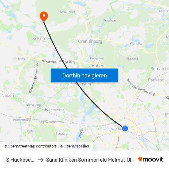 S Hackescher Markt to Sana Kliniken Sommerfeld Helmut-Ulrici-Kliniken Kremmen OT map