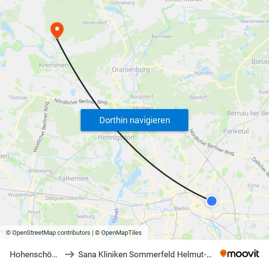 Hohenschönhauser Str. to Sana Kliniken Sommerfeld Helmut-Ulrici-Kliniken Kremmen OT map