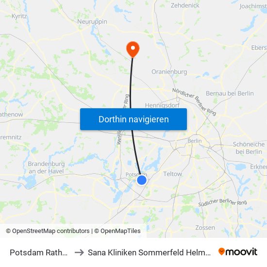 Potsdam Rathaus Babelsberg to Sana Kliniken Sommerfeld Helmut-Ulrici-Kliniken Kremmen OT map