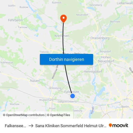 Falkensee Bahnhof to Sana Kliniken Sommerfeld Helmut-Ulrici-Kliniken Kremmen OT map