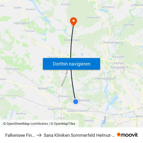 Falkensee Finkenkrug Bhf to Sana Kliniken Sommerfeld Helmut-Ulrici-Kliniken Kremmen OT map