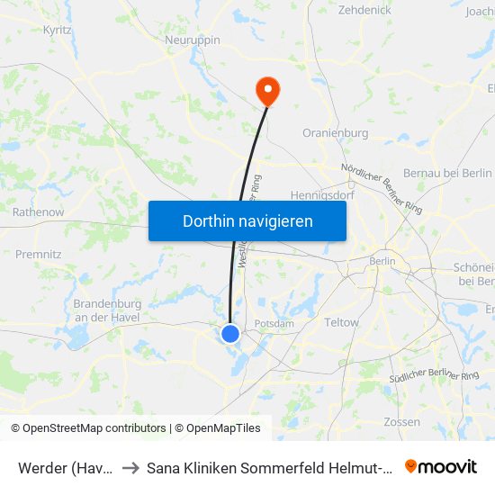 Werder (Havel) Bahnhof to Sana Kliniken Sommerfeld Helmut-Ulrici-Kliniken Kremmen OT map